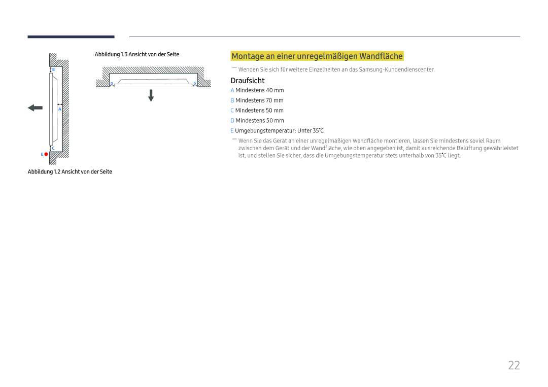 Samsung LH37SHFPLBB/EN manual Montage an einer unregelmäßigen Wandfläche, Draufsicht, Abbildung 1.3 Ansicht von der Seite 