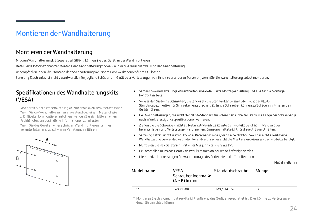 Samsung LH37SHFPLBB/EN manual Montieren derWandhalterung, Montieren der Wandhalterung, Modellname, Menge 