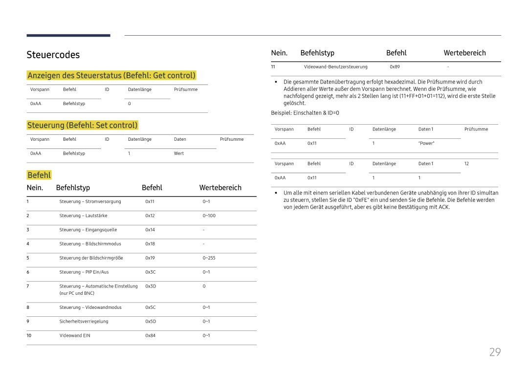 Samsung LH37SHFPLBB/EN manual Steuercodes, Anzeigen des Steuerstatus Befehl Get control, Steuerung Befehl Set control 