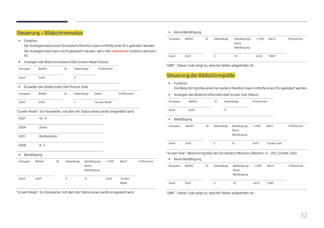 Samsung LH37SHFPLBB/EN manual Steuerung Bildschirmmodus, Steuerung der Bildschirmgröße 