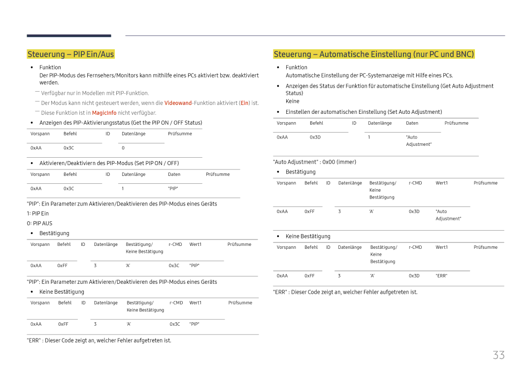 Samsung LH37SHFPLBB/EN manual Steuerung PIP Ein/Aus, Steuerung Automatische Einstellung nur PC und BNC 