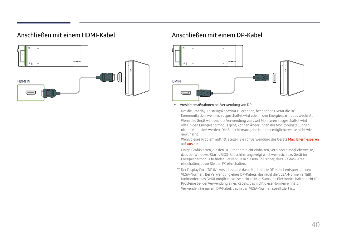 Samsung LH37SHFPLBB/EN manual Anschließen mit einem HDMI-Kabel, Anschließen mit einem DP-Kabel 