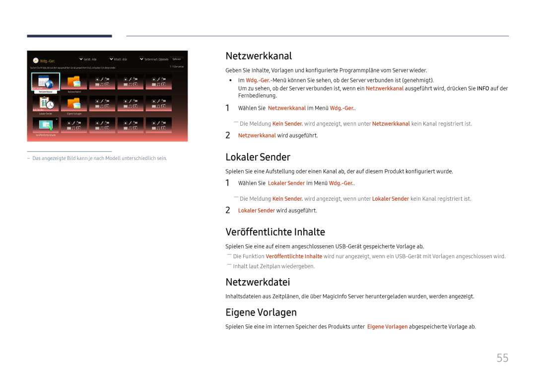 Samsung LH37SHFPLBB/EN manual Netzwerkkanal, Lokaler Sender, Veröffentlichte Inhalte, Netzwerkdatei, Eigene Vorlagen 