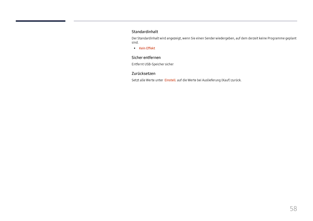 Samsung LH37SHFPLBB/EN manual Standardinhalt, Sicher entfernen, Zurücksetzen, Kein Effekt, Entfernt USB-Speicher sicher 