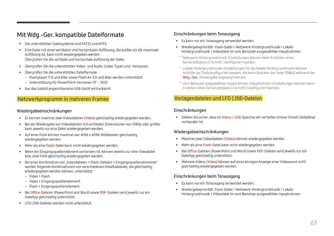 Samsung LH37SHFPLBB/EN manual Mit Wdg.-Ger. kompatible Dateiformate, Netzwerkprogramm in mehreren Frames 