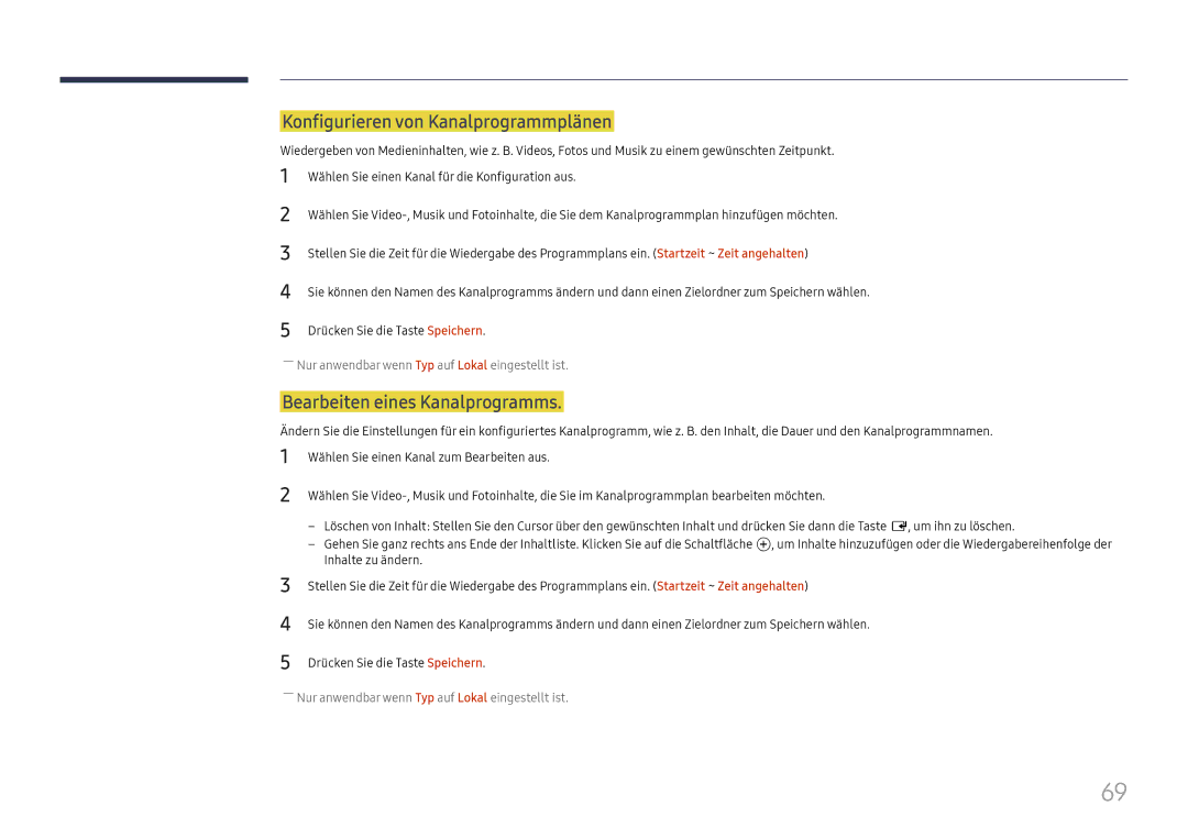 Samsung LH37SHFPLBB/EN manual Konfigurieren von Kanalprogrammplänen, Bearbeiten eines Kanalprogramms 