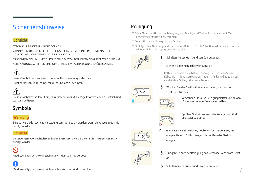 Samsung LH37SHFPLBB/EN manual Sicherheitshinweise, Symbole, Reinigung, Vorsicht 