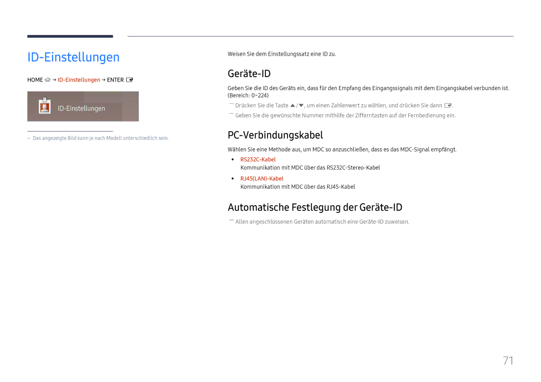 Samsung LH37SHFPLBB/EN manual ID-Einstellungen, PC-Verbindungskabel, Automatische Festlegung der Geräte-ID 