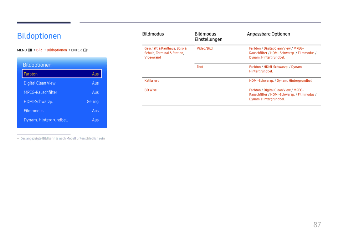 Samsung LH37SHFPLBB/EN manual Menu m → Bild → Bildoptionen → Enter E 