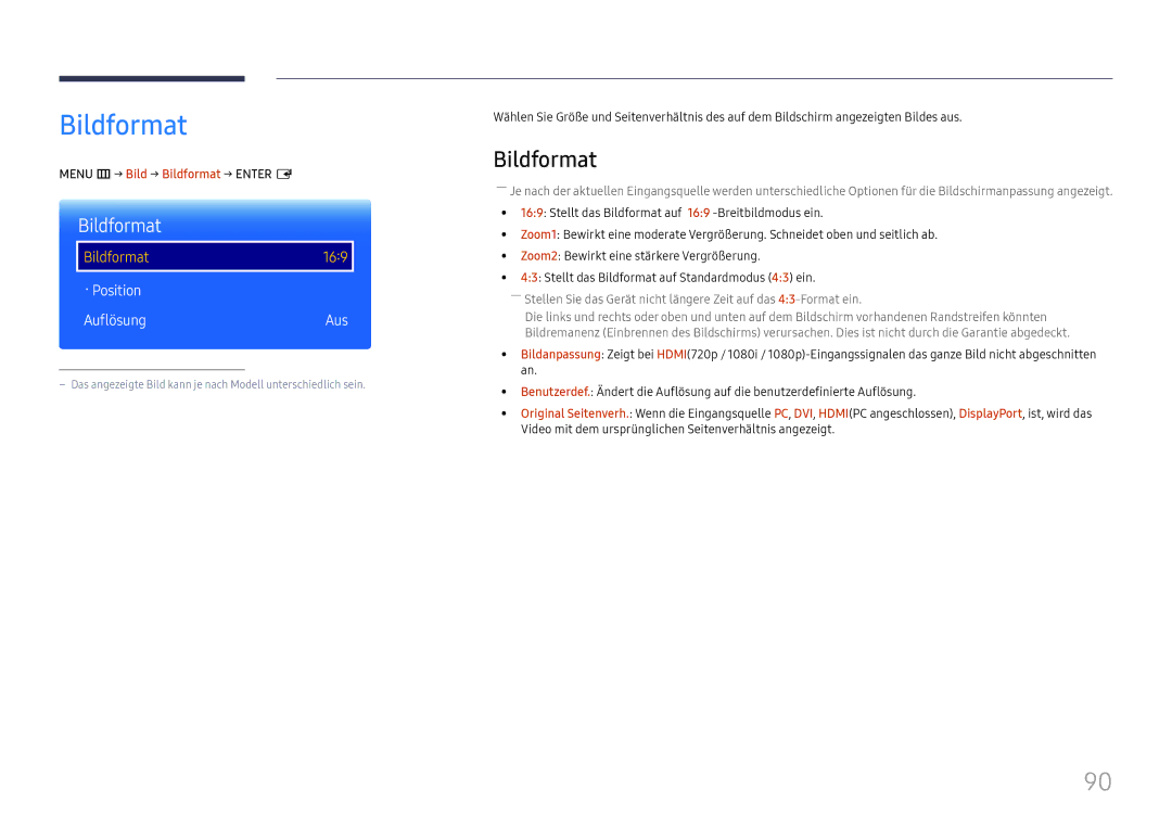 Samsung LH37SHFPLBB/EN manual Menu m → Bild → Bildformat → Enter E 