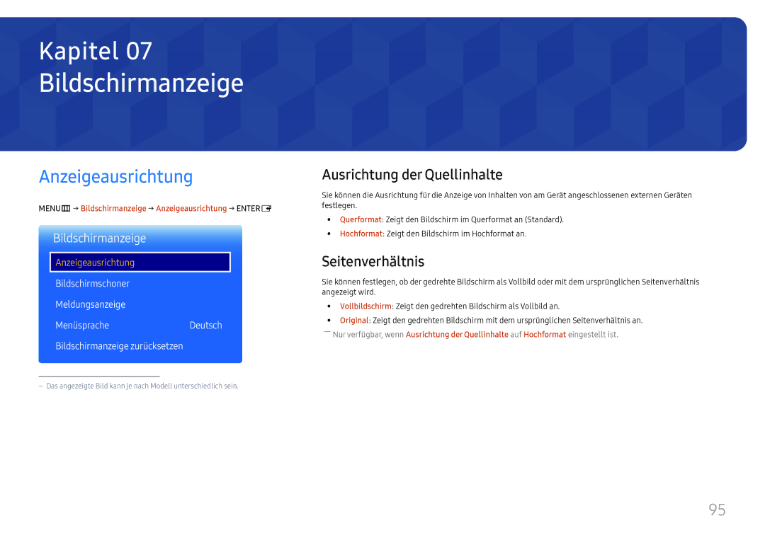 Samsung LH37SHFPLBB/EN manual Bildschirmanzeige, Anzeigeausrichtung, Ausrichtung der Quellinhalte, Seitenverhältnis 