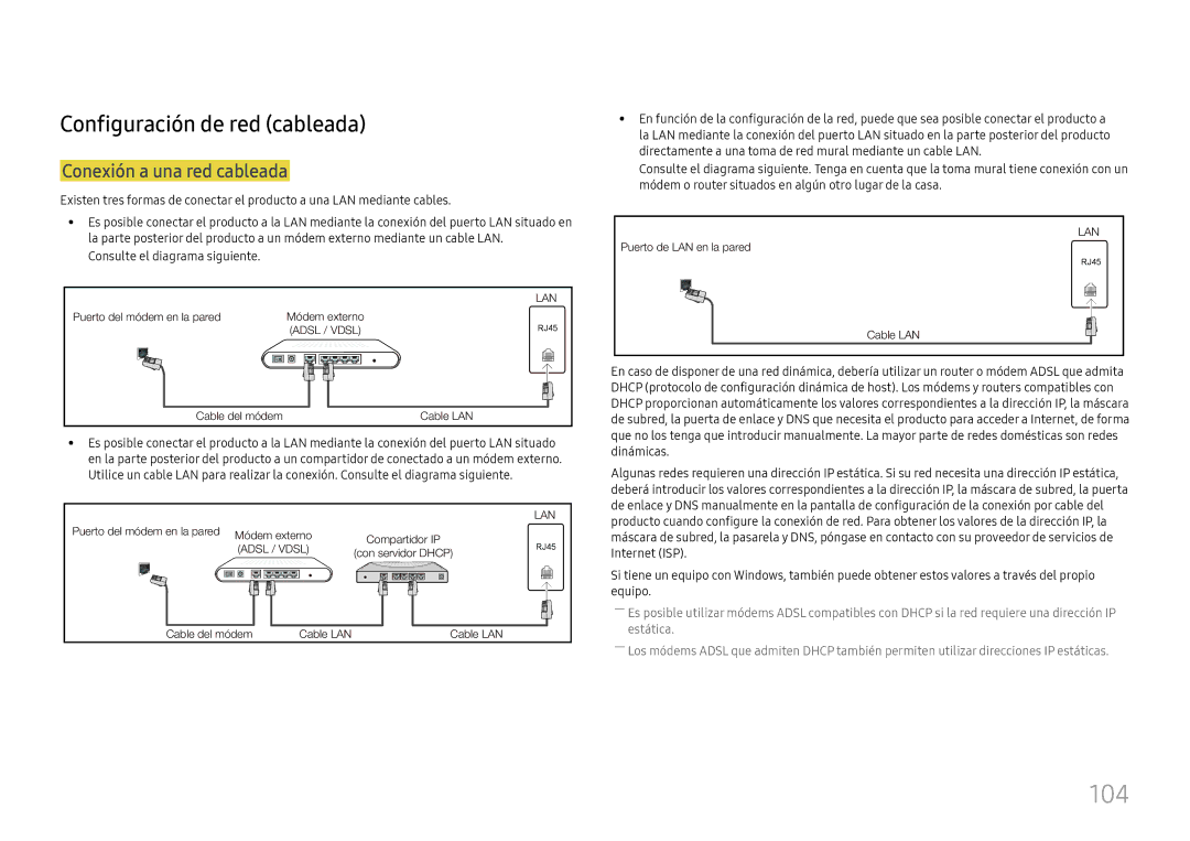 Samsung LH37SHFPLBB/EN 104, Configuración de red cableada, Conexión a una red cableada, Consulte el diagrama siguiente 