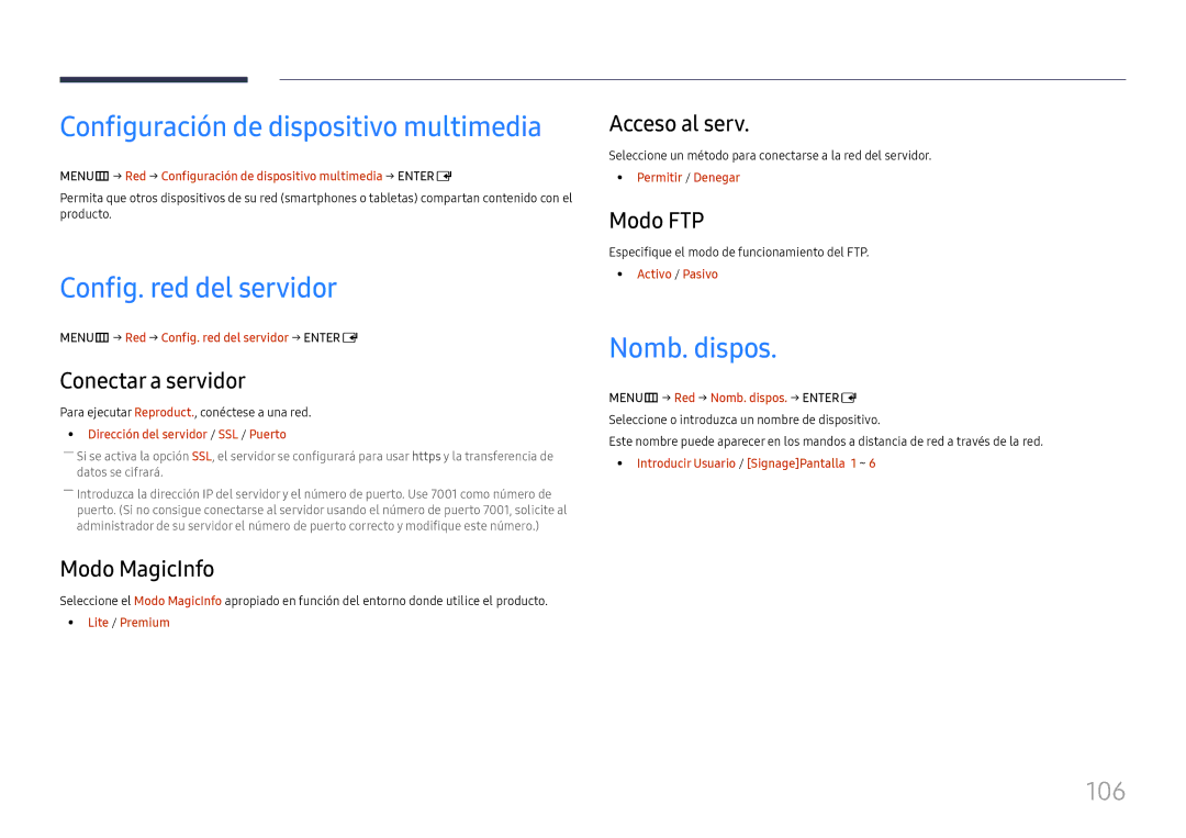 Samsung LH37SHFPLBB/EN manual Config. red del servidor, Nomb. dispos, 106 