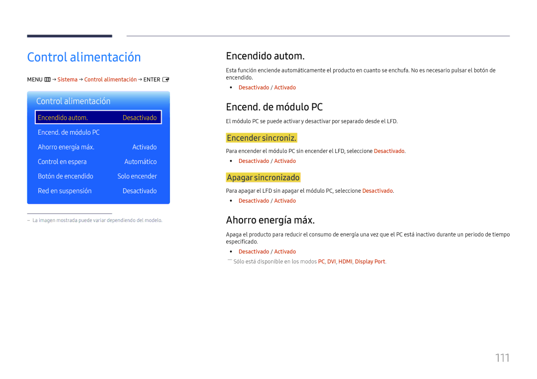 Samsung LH37SHFPLBB/EN manual Control alimentación, 111, Encendido autom, Encend. de módulo PC, Ahorro energía máx 