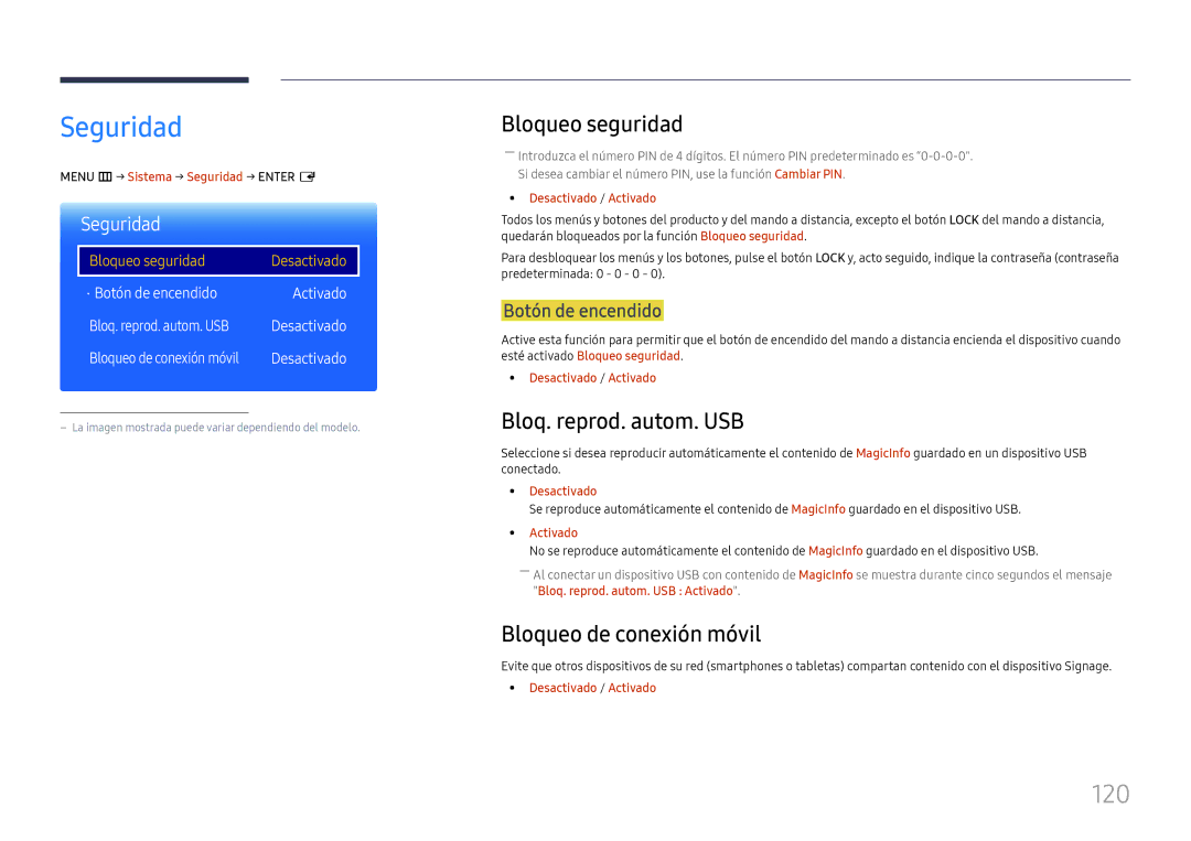 Samsung LH37SHFPLBB/EN manual Seguridad, 120, Bloqueo seguridad, Bloq. reprod. autom. USB, Bloqueo de conexión móvil 