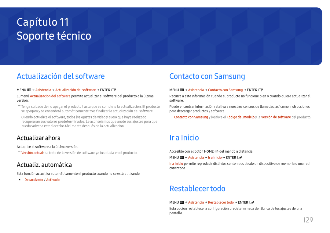 Samsung LH37SHFPLBB/EN Soporte técnico, Actualización del software, Contacto con Samsung, Ir a Inicio, Restablecer todo 