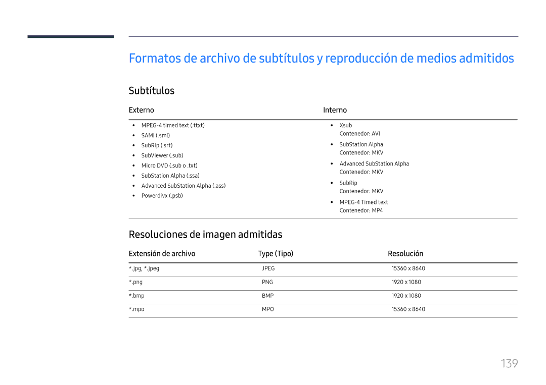 Samsung LH37SHFPLBB/EN manual 139, Subtítulos, Resoluciones de imagen admitidas, Externo 