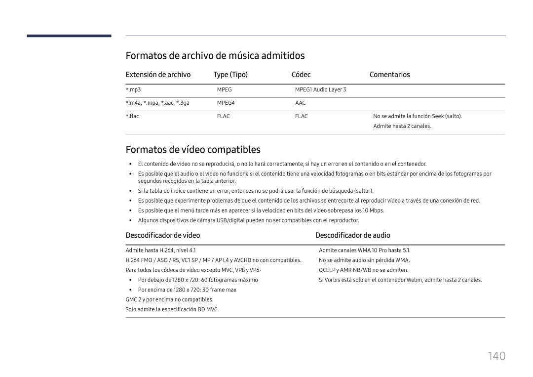 Samsung LH37SHFPLBB/EN manual 140, Formatos de archivo de música admitidos, Formatos de vídeo compatibles 