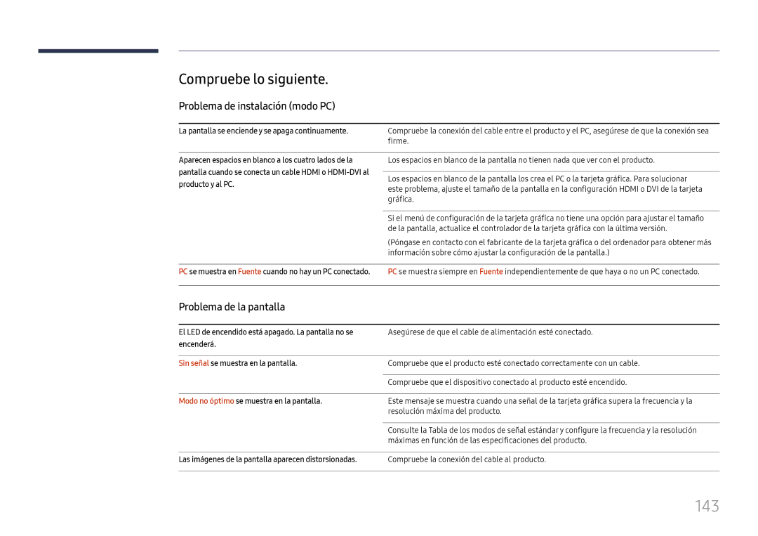 Samsung LH37SHFPLBB/EN manual 143, Compruebe lo siguiente, Problema de instalación modo PC, Problema de la pantalla 