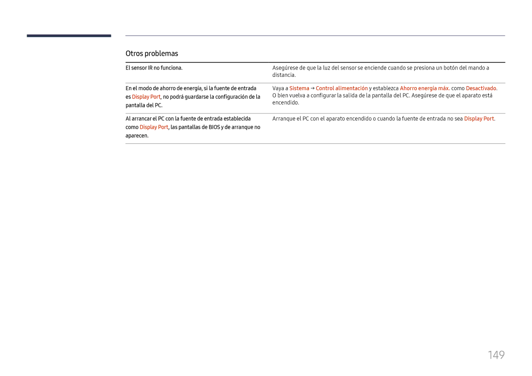 Samsung LH37SHFPLBB/EN manual 149, El sensor IR no funciona, Distancia, Aparecen 