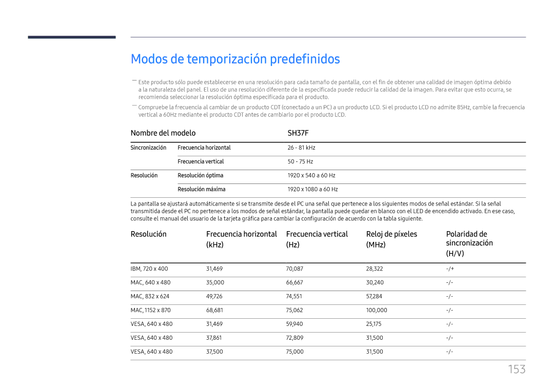 Samsung LH37SHFPLBB/EN manual Modos de temporización predefinidos, 153 