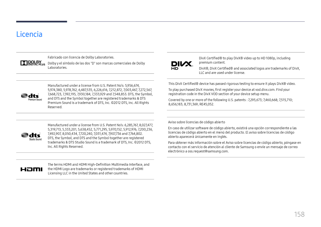 Samsung LH37SHFPLBB/EN manual Licencia, 158, DTS and the Symbol together are registered trademarks & DTS, Reserved 