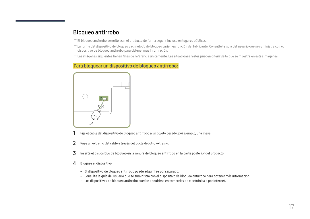 Samsung LH37SHFPLBB/EN manual Bloqueo antirrobo, Para bloquear un dispositivo de bloqueo antirrobo 