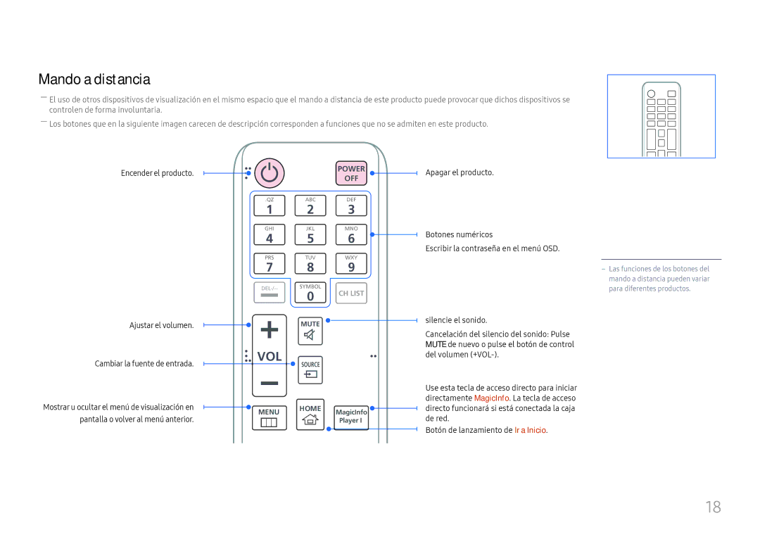 Samsung LH37SHFPLBB/EN manual Mando a distancia, Encender el producto Ajustar el volumen 