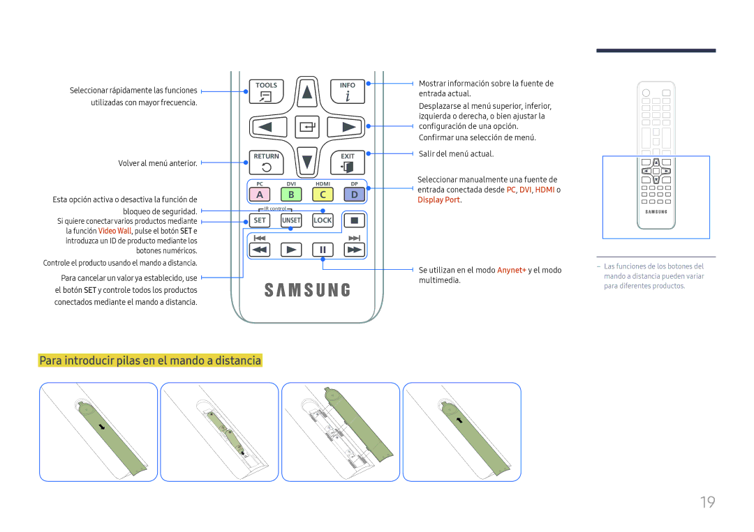 Samsung LH37SHFPLBB/EN manual Para introducir pilas en el mando a distancia, Utilizadas con mayor frecuencia 