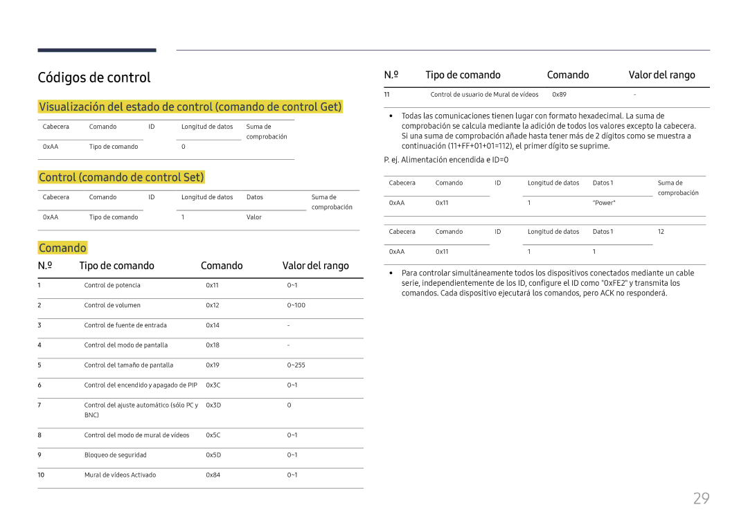 Samsung LH37SHFPLBB/EN manual Códigos de control, Visualización del estado de control comando de control Get, Comando 