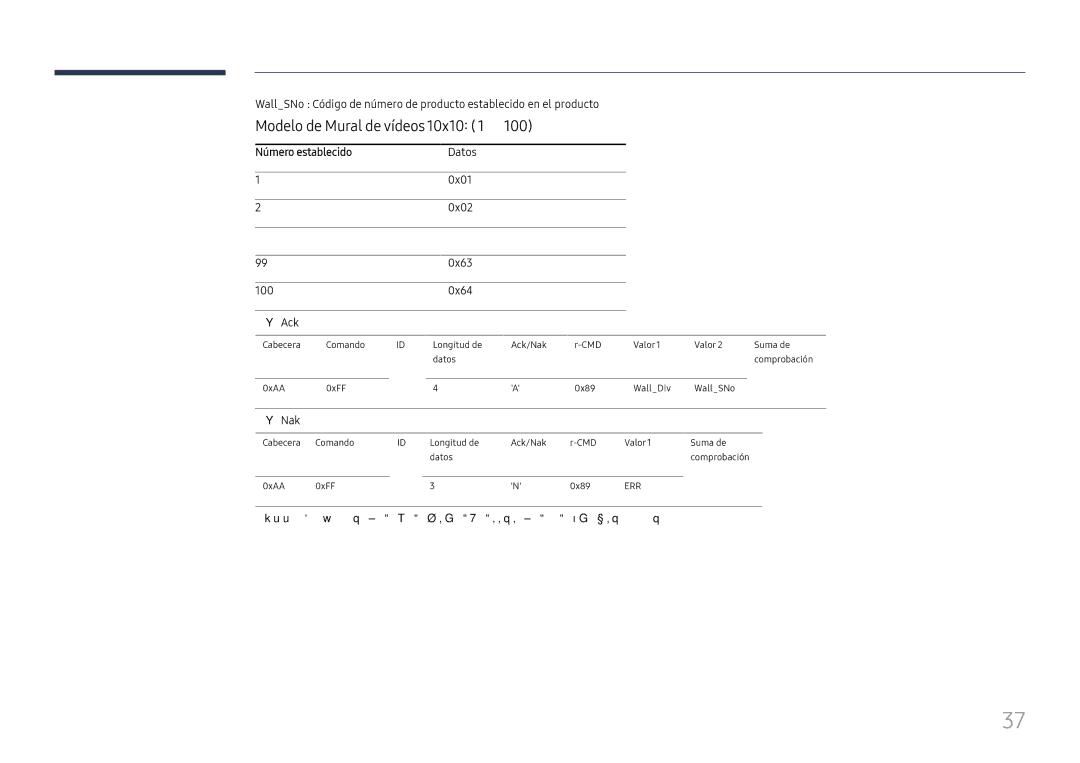 Samsung LH37SHFPLBB/EN manual Modelo de Mural de vídeos 10x10 1 ~, Número establecido, 0x01, 0x02, 100 0x64 Ack 