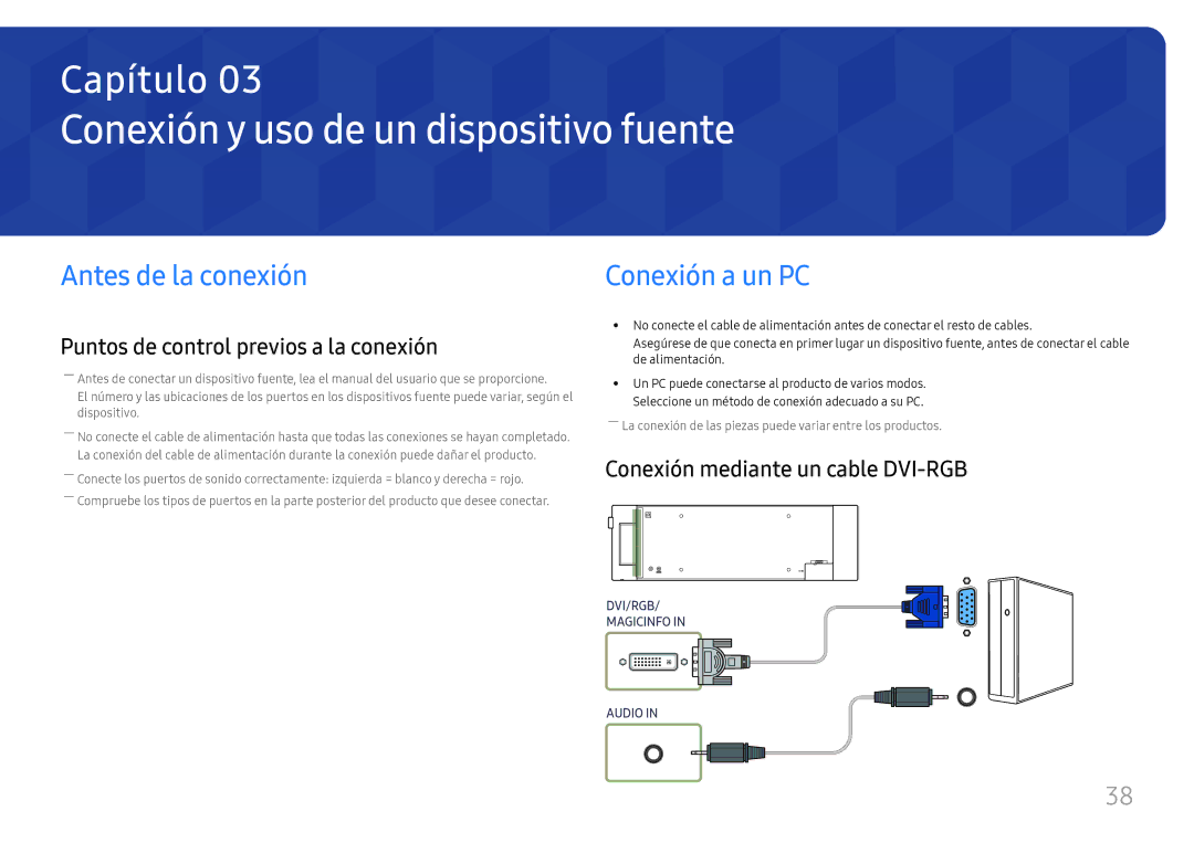 Samsung LH37SHFPLBB/EN manual Conexión y uso de un dispositivo fuente, Antes de la conexión, Conexión a un PC 