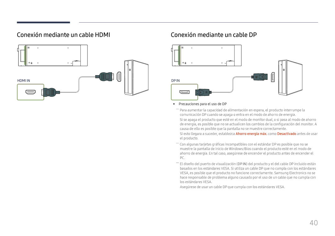 Samsung LH37SHFPLBB/EN Conexión mediante un cable Hdmi, Conexión mediante un cable DP, Precauciones para el uso de DP 