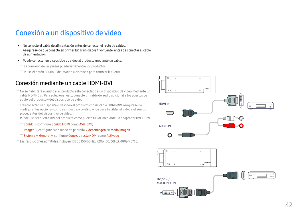 Samsung LH37SHFPLBB/EN manual Conexión a un dispositivo de vídeo, ――Sonido → configure Sonido Hdmi como Avhdmi 