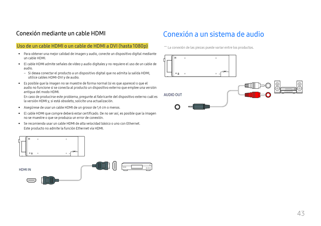 Samsung LH37SHFPLBB/EN manual Conexión a un sistema de audio, Uso de un cable Hdmi o un cable de Hdmi a DVI hasta 1080p 