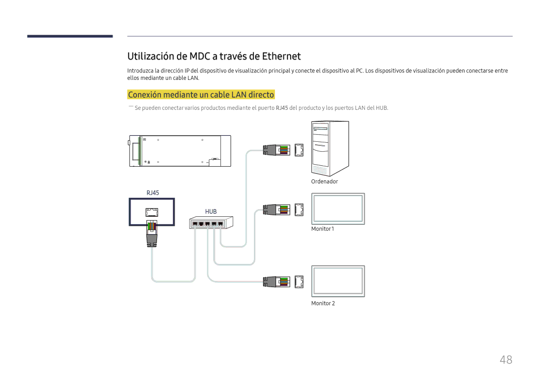 Samsung LH37SHFPLBB/EN manual Utilización de MDC a través de Ethernet, Conexión mediante un cable LAN directo 