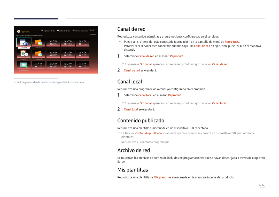 Samsung LH37SHFPLBB/EN manual Canal de red, Canal local, Contenido publicado, Archivo de red, Mis plantillas 