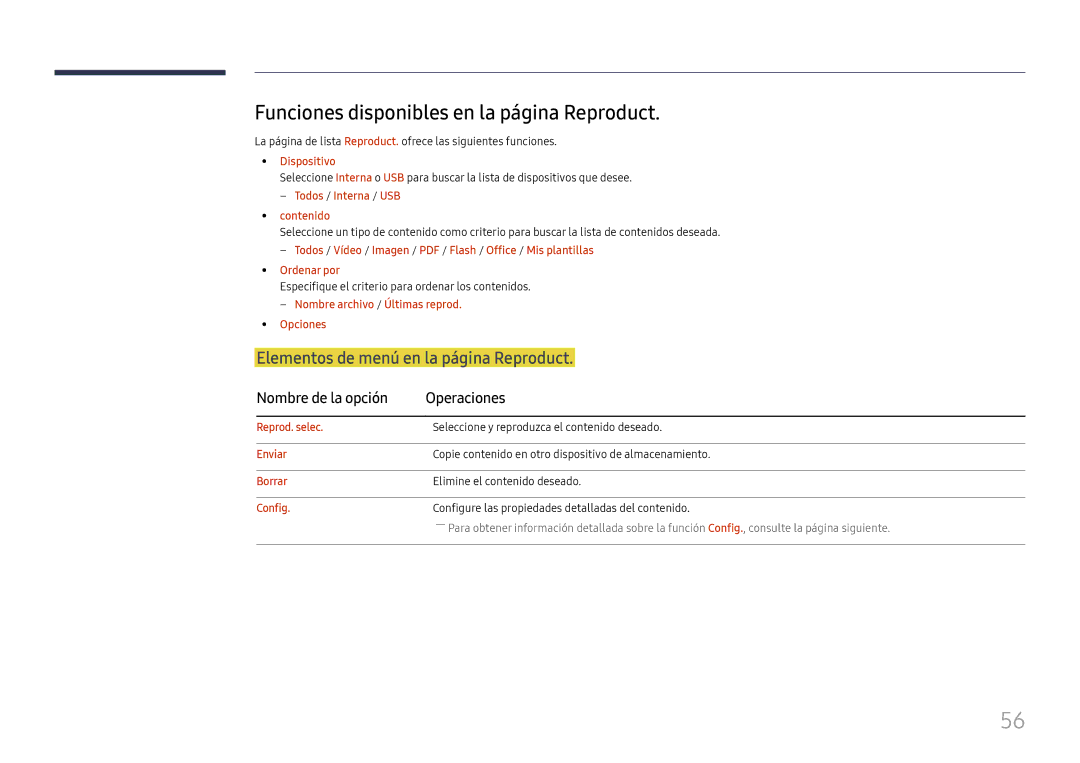 Samsung LH37SHFPLBB/EN manual Funciones disponibles en la página Reproduct, Elementos de menú en la página Reproduct 