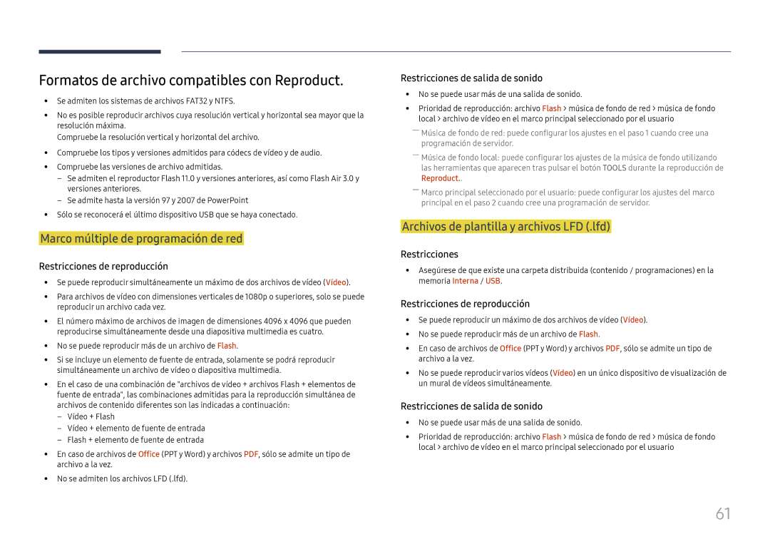 Samsung LH37SHFPLBB/EN manual Formatos de archivo compatibles con Reproduct, Marco múltiple de programación de red 