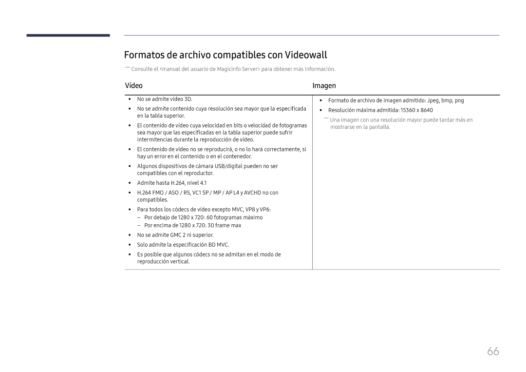 Samsung LH37SHFPLBB/EN manual Formatos de archivo compatibles con Videowall, Vídeo 