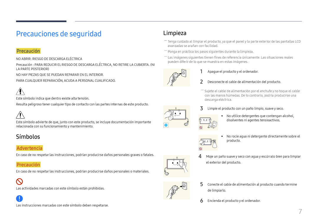 Samsung LH37SHFPLBB/EN manual Precauciones de seguridad, Símbolos, Limpieza, Precaución, Apague el producto y el ordenador 