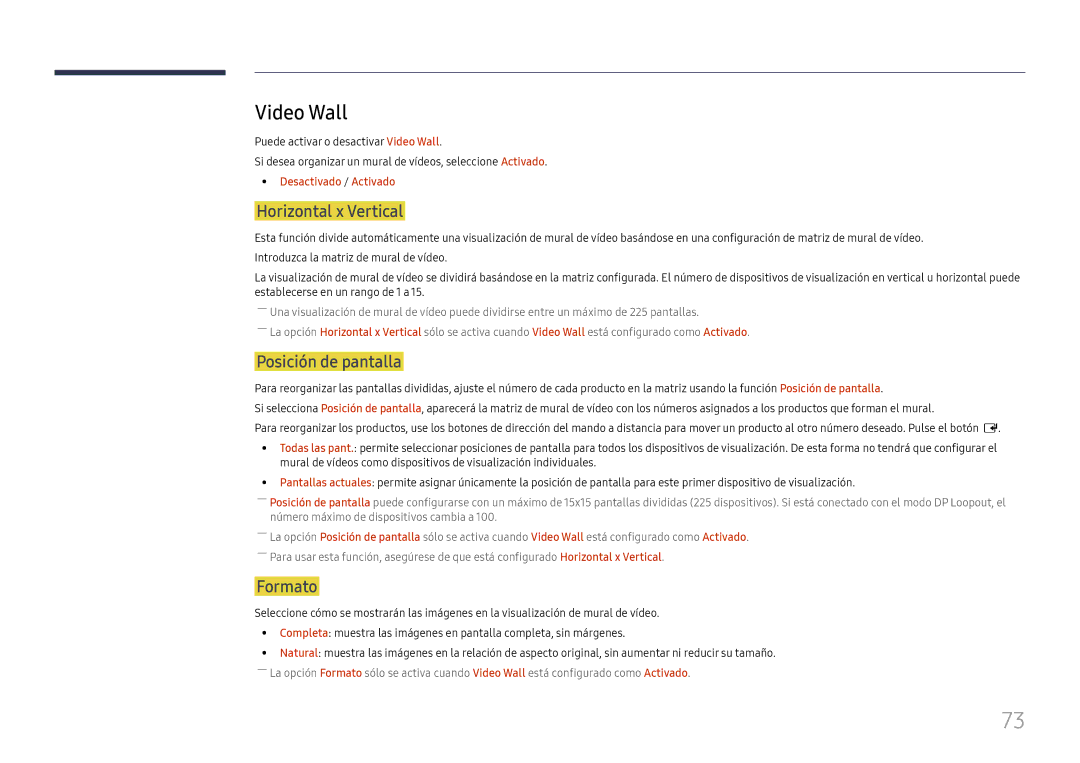 Samsung LH37SHFPLBB/EN manual Video Wall, Horizontal x Vertical, Posición de pantalla, Formato, Desactivado / Activado 