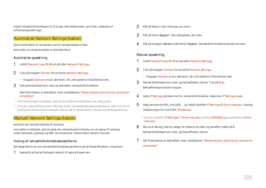 Samsung LH37SHFPLBB/EN manual 105, Automatisk Network Settings kablet, Manuelt Network Settings kablet 