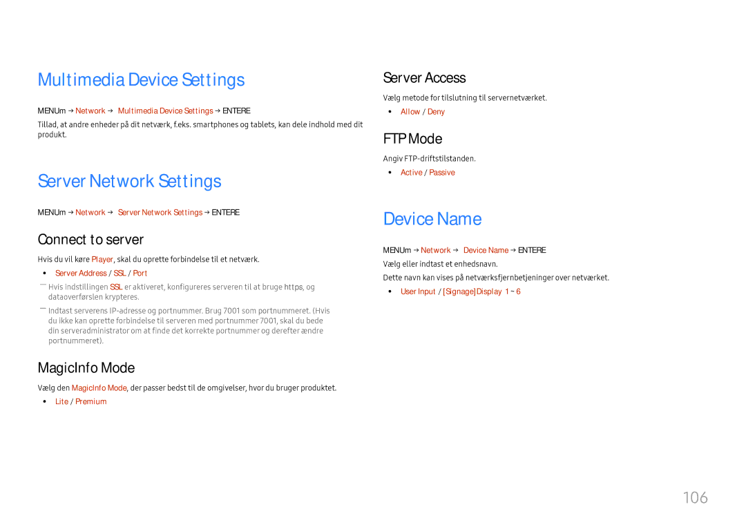 Samsung LH37SHFPLBB/EN manual Multimedia Device Settings, Server Network Settings, Device Name, 106 