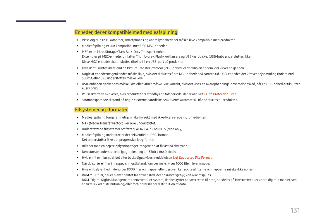 Samsung LH37SHFPLBB/EN manual 131, Enheder, der er kompatible med medieafspilning, Filsystemer og -formater 