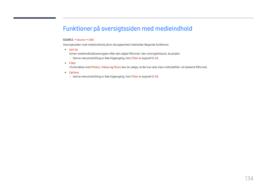 Samsung LH37SHFPLBB/EN manual Funktioner på oversigtssiden med medieindhold, 134, Source → Source → USB, Filter 