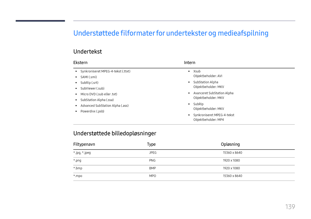 Samsung LH37SHFPLBB/EN manual 139, Undertekst, Understøttede billedopløsninger, Ekstern, Filtypenavn Type Opløsning 