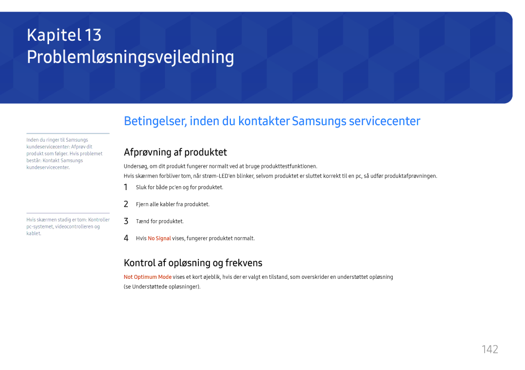 Samsung LH37SHFPLBB/EN manual Problemløsningsvejledning, Betingelser, inden du kontakter Samsungs servicecenter, 142 