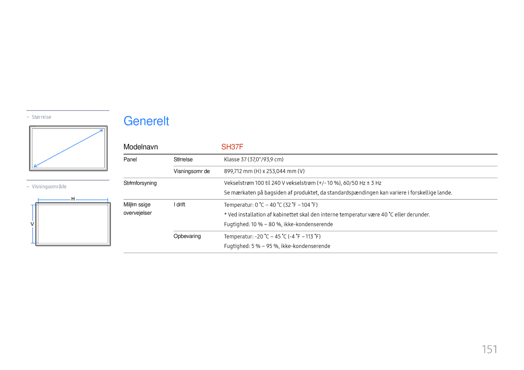 Samsung LH37SHFPLBB/EN manual Specifikationer, Generelt, 151 