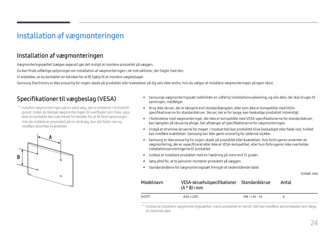 Samsung LH37SHFPLBB/EN manual Installation af vægmonteringen, Specifikationer til vægbeslag Vesa, Modelnavn 